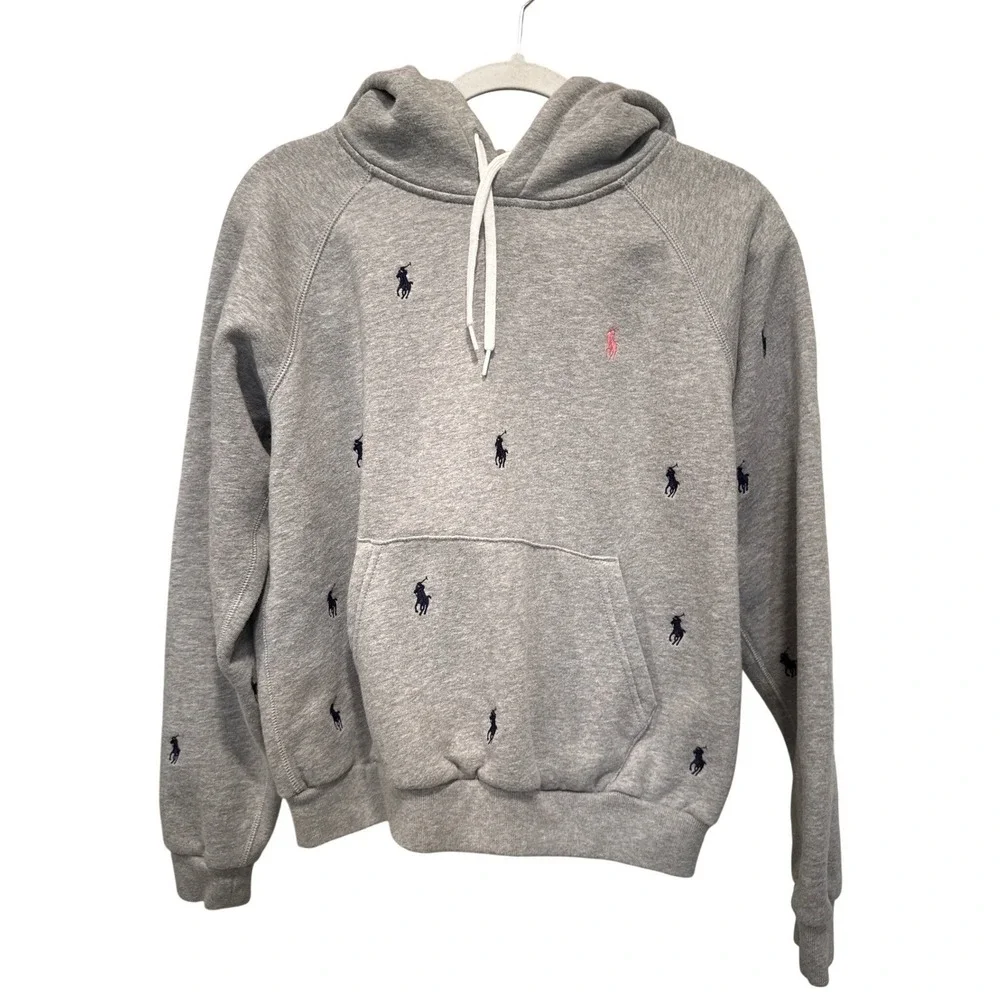Pink Pony by Ralph‎ Lauren All Over Logo Hoodie Sweatshirt Gray Girls Size Large